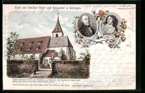 Lithographie Gerlingen, Grab von Schillers Vater und Schwester