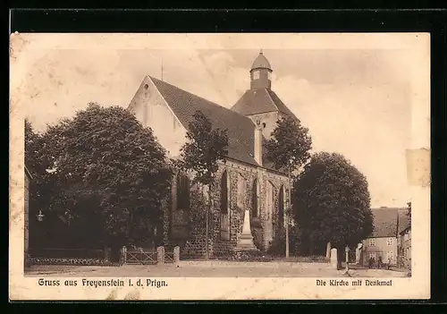 AK Freyenstein i. d. Prign, Kirche mit Denkmal