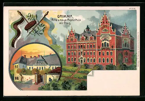 Künstler-AK Grimma, Alte & neue Realschule mit Prog.