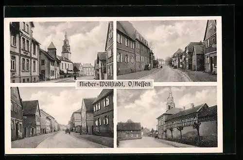AK Nieder-Wöllstadt /Hessen, Strassenpartie mit Kaufhaus Paul Goldmann, Ortspartie mit Blick auf Kirche