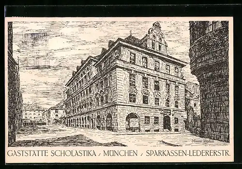 Künstler-AK München, Gasthaus Scholastika in der Sparkassen-Ledererstrasse