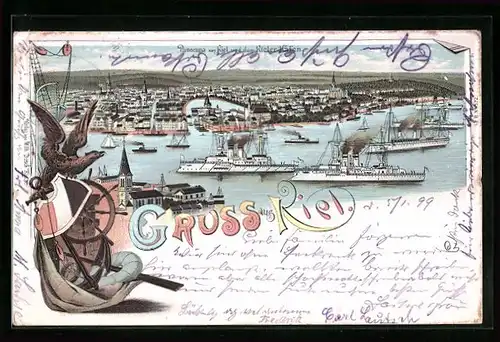 Lithographie Kiel, Panorama von Kiel und dem Hafen, Wappen mit Adler