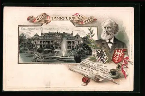 Passepartout-Lithographie Frankfurt-Westend, Palmengarten, Portrait Friedrich Stolze, Wappen