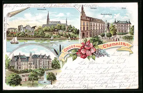 Lithographie Chemnitz, Carola-Hotel, Schlossteich, Rathaus, Börse, Beckerdenkmal