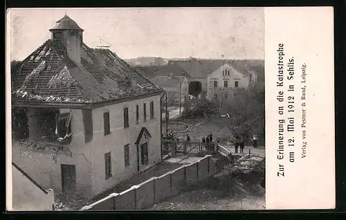 AK Sehlis, Zerstörte Häuser nach Unwetter am 12.5.1912