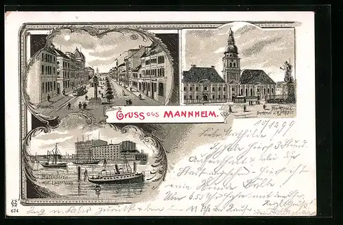 Lithographie Mannheim, Planken, Marktplatz mit Denkmal und Rathaus, Hafenpartie mit Lagerhaus