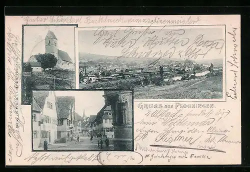 AK Plochingen, Totalansicht mit Weitblick, Kirche, Strassenpartie