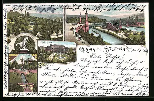 Vorläufer-Lithographie Stuttgart, 1895, König-Karl`s-Brücke, Bopser, Hofer`s Pferd, Polytechnikum