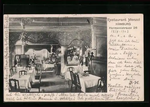 AK Hamburg, Restaurant Menzel, Hermannstrasse 26, Innenansicht