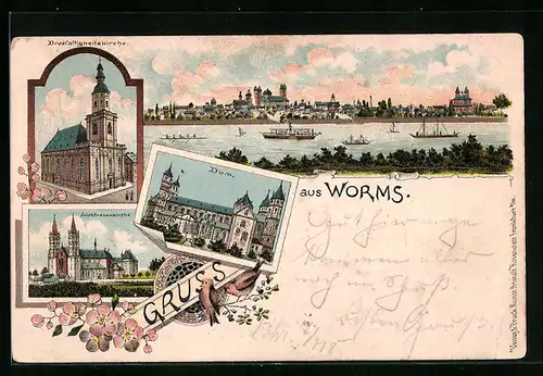Lithographie Worms, Dreifaltigkeitskirche, Dom und Liebfrauenkirche, Dampfer auf dem Rhein