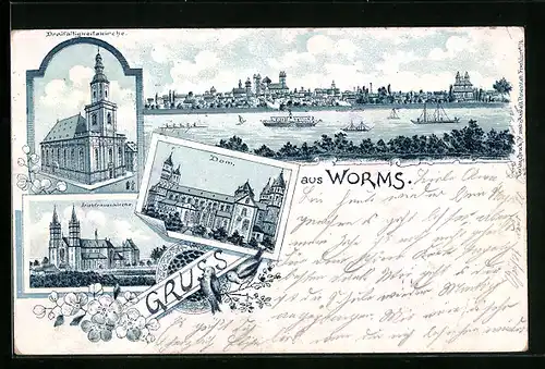 Lithographie Worms, Stadtpanorama, Dom, Dreifaltigkeitskirche, Liebfrauenkirche