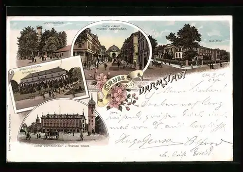 Lithographie Darmstadt, Ludwigshöhe, Kath. Kirche Wilhelminenstrasse, Saalbau, Grossherzogl. Orangerie