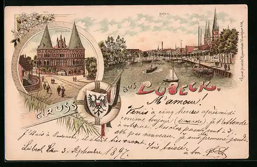 Lithographie Lübeck, Holstentor, Hofen