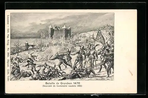 Künstler-AK Grandson, Schweizer Soldaten in der Schlacht von Grandson 1476