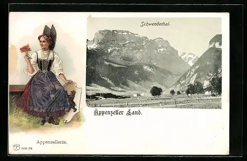 Präge-AK Appenzell, Schwendethal mit Appenzellerin in Tracht