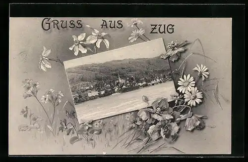 AK Zug, Ortsansicht mit Rahmen mit gemalten Blumen