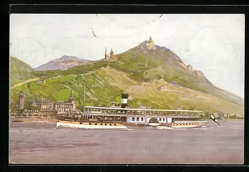 Künstler-AK Rheindampfer vor Ruine Drachenfels