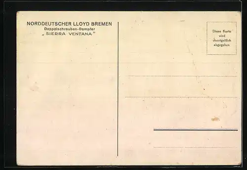 Künstler-AK Passagierschiff Doppelschraubendampfer Sierra Ventana bei voller Fahrt