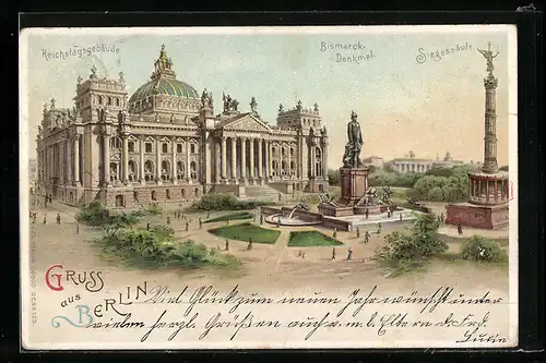 Lithographie Berlin, Reichstag, Bismarckdenkmal und Siegessäule