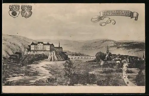 Künstler-AK Saarbrücken, Ortsansicht mit St. Johann um 1750