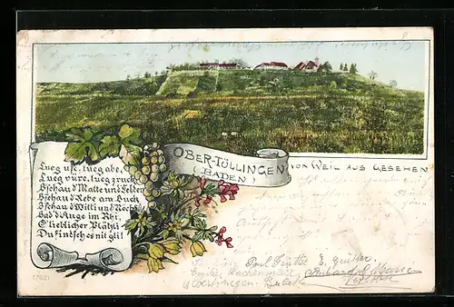 Lithographie Ober-Tüllingen, Ortspartie mit Anhöhe