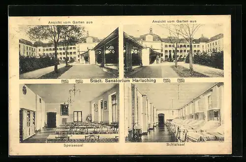 AK München-Harlaching, Städt. Sanatorium, Ansicht vom Garten aus, Speisesaal, Schlafsaal