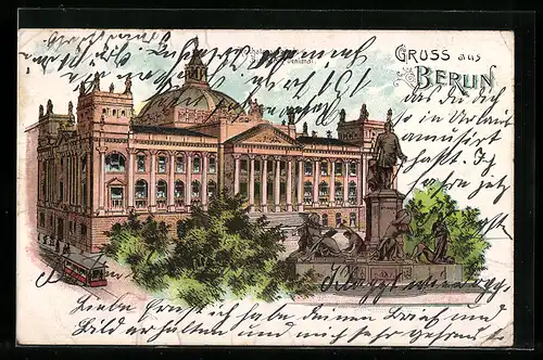 Lithographie Berlin-Tiergarten, Reichstagsgebäude und Bismarck-Denkmal