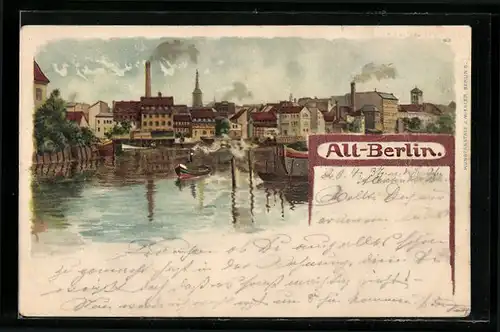 Lithographie Berlin, Ortsansicht mit Dampfer