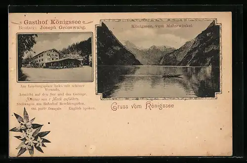 AK Königssee, Gasthof Königssee, Bes.: Joseph Grösswang, Ansicht vom Malerwinkel