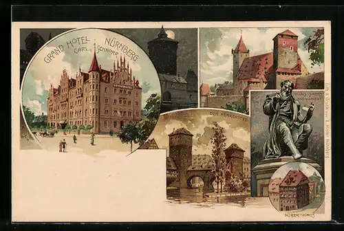 Lithographie Nürnberg, Grand Hotel, Bes. Rudolf Lotz, Der Henkersteg und Dürer-Haus
