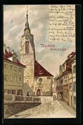 Künstler-AK Tübingen, Strassenblick in die Münzgasse