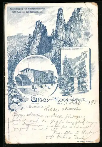 Lithographie Thale, Hotel Hexentanzplatz, Bodekessel u. Teufelsbrücke