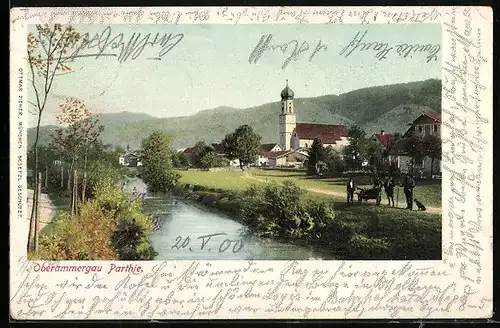 AK Oberammergau, Ortsansicht mit Bach