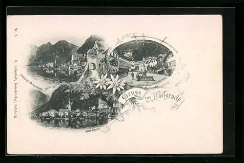 AK Hallstatt, Marktplatz, Ortsansicht vom See her