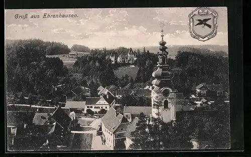 AK Ehrenhausen, Ortsansicht mit Kirche, Wappen