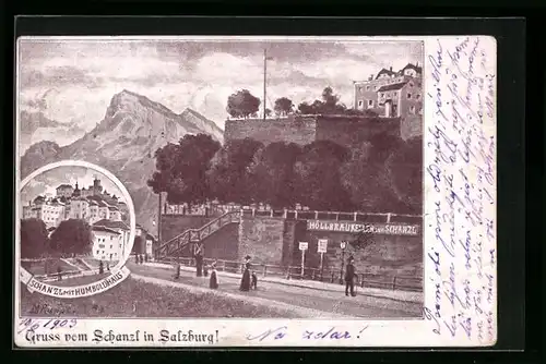 Lithographie Salzburg, Gasthaus Höllbräukeller vom Schanzl