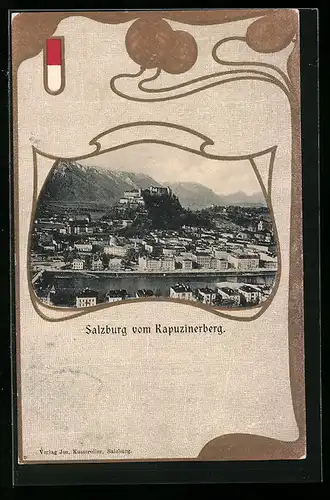 AK Salzburg, Teilansicht mit Hohensalzburg und Salzach vom Kapuzinerberg aus