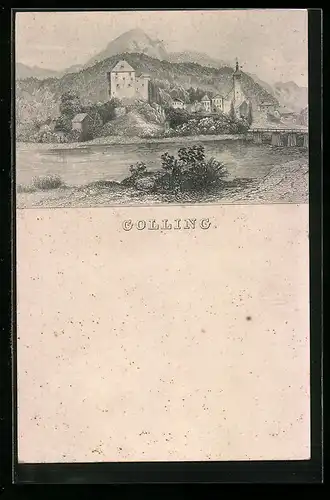 Lithographie Golling, Flusspartie am Ort