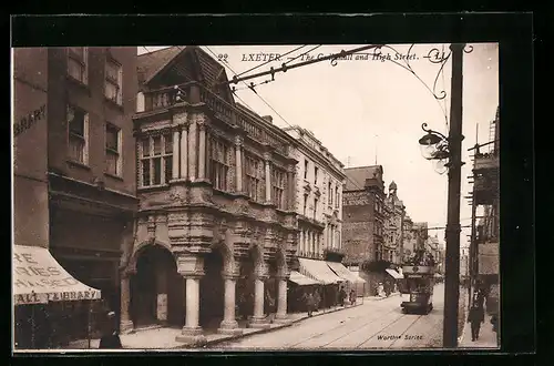 AK Exeter, The Guildhall and High Street, Strassenbahn