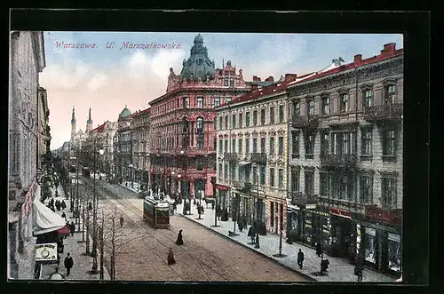 AK Warszawa, Ul. Marszalkowska, Strassenbahn