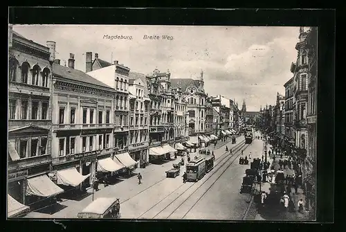 AK Magdeburg, Strasse Breiter Weg mit Strassenbahn