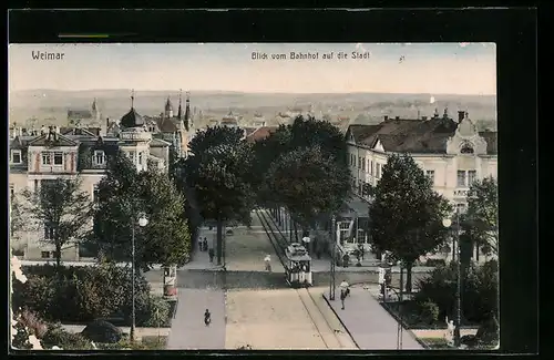 AK Weimar, Blick vom Bahnhof auf die Stadt, Strassenbahn