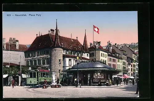 AK Neuchatel, Place Pury mit Strassenbahn