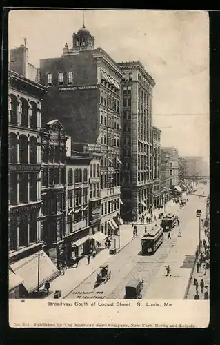 AK St. Louis, Mo., Broadway, South of Locust Street, Strassenbahn