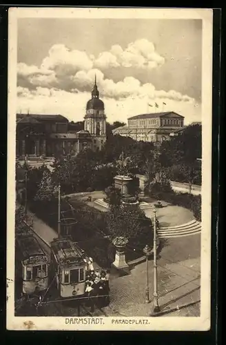 AK Darmstadt, Blick über den Paradeplatz, Strassenbahn