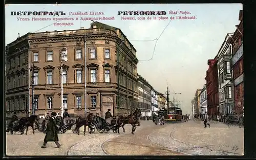 AK Petrograd, Etat-Major, Newski coin de la place de l`Amirauté, Strassenbahn