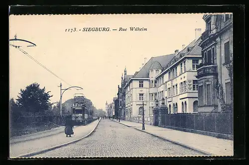 AK Siegburg, Rue Wilheim, Strassenbahn
