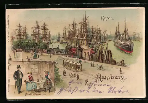 Lithographie Hamburg, Hafen mit Strassenbahn, Vierländerinnen