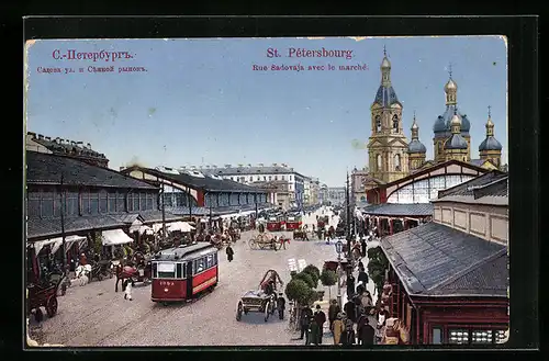 AK St. Pétersbourg, Rue Sadovaja avec le marché, Strassenbahn