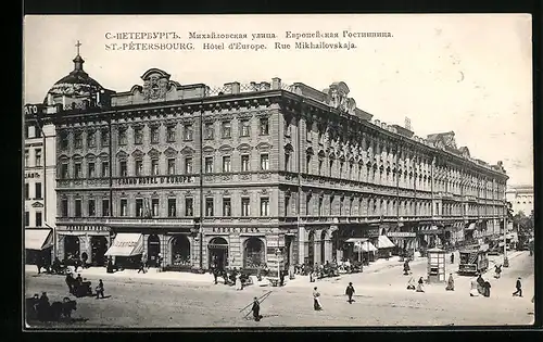 AK St. Petersbourg, Hotel d`Europe, Rue Mikhailovskaja, Strassenbahn